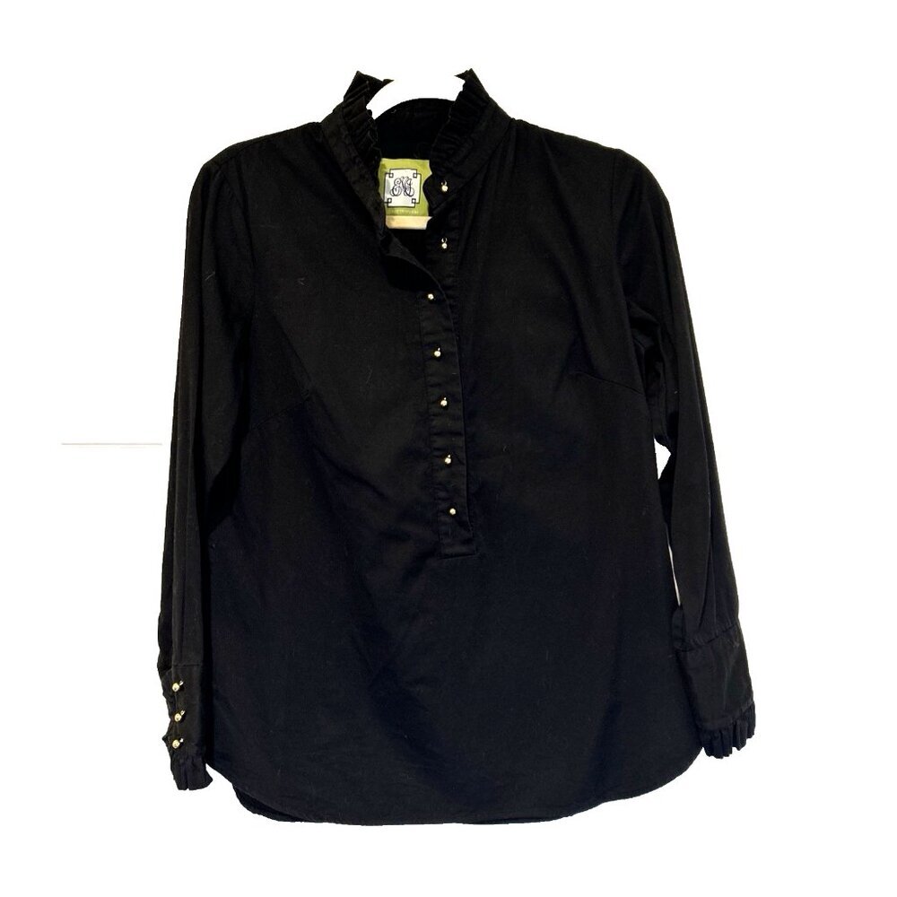 Elizabeth McKay Womens 8‎ Black Blouse Ruffle Neck Gold Buttons Tuxedo Style